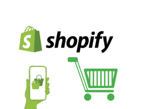 Green Shopify logo with a shopping bag icon and text. Below, a green hand holds a phone showing the logo, next to a green shopping cart icon.