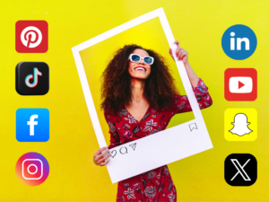 A woman with curly hair and sunglasses smiles, holding a white frame against a yellow background. Social media icons surround her, conveying a joyful, connected vibe.