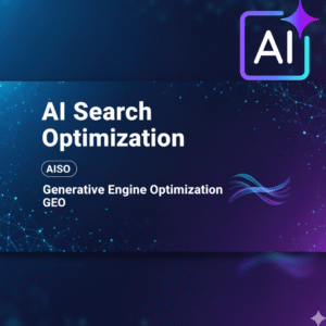 Graphic featuring "AI Search Optimization" and "Generative Engine Optimization (GEO)" with tech-inspired background and AI logo.
