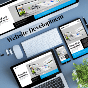 An overhead view of multiple devices displaying a website development theme, featuring a sleek keyboard, mouse, and plant.